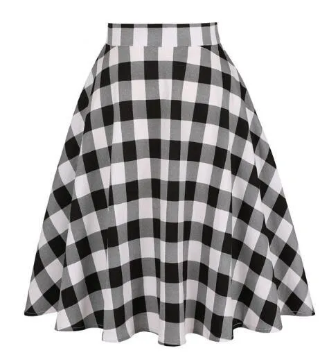 2021 School Checkered Plaid Casual Skirt Women Red and White 50s High Waist Rockabilly Cotton Summer Vintage Swing Women Skirts