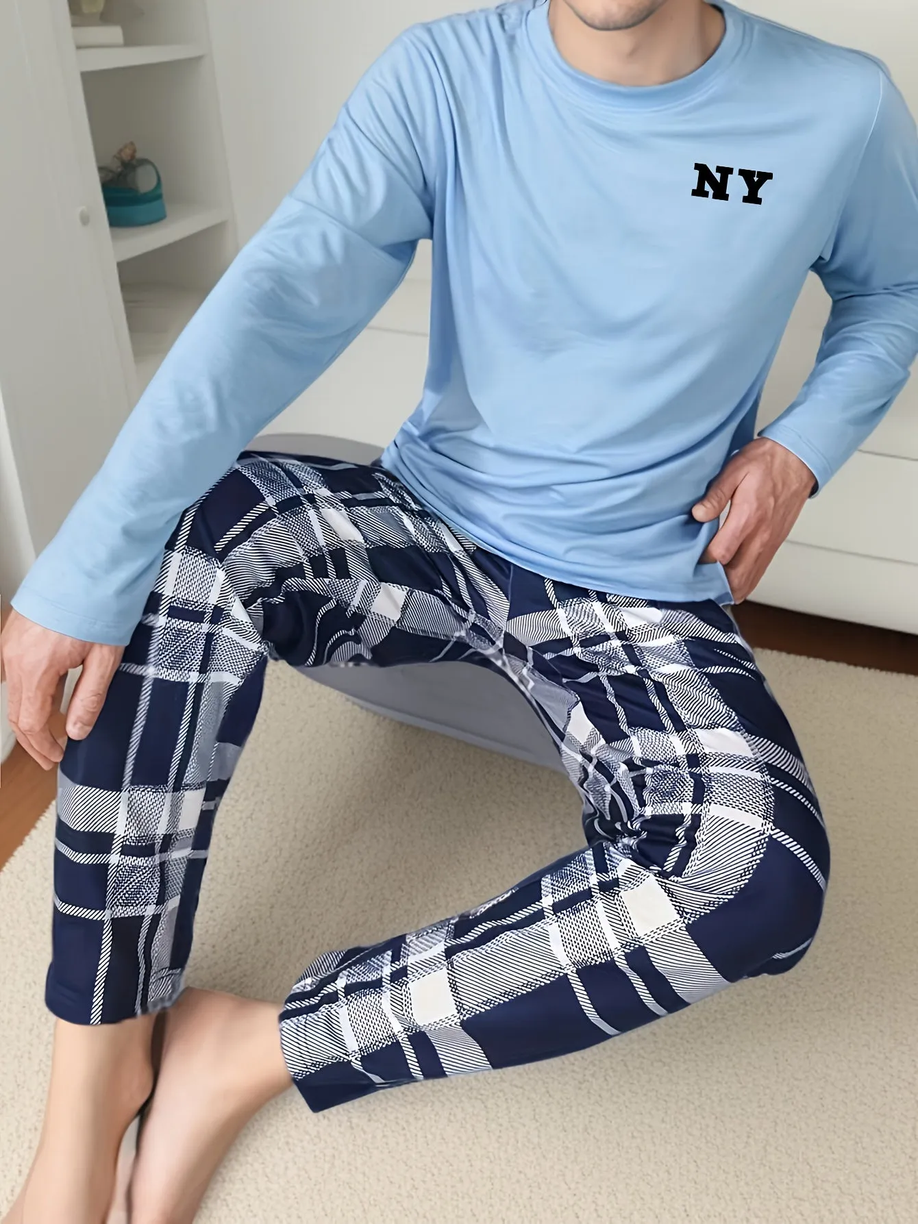 2pcs/set Men's NY Print Pajamas Set, Long Sleeve Round Neck T-shirt & Trousers, Comfortable Skin-friendly Set