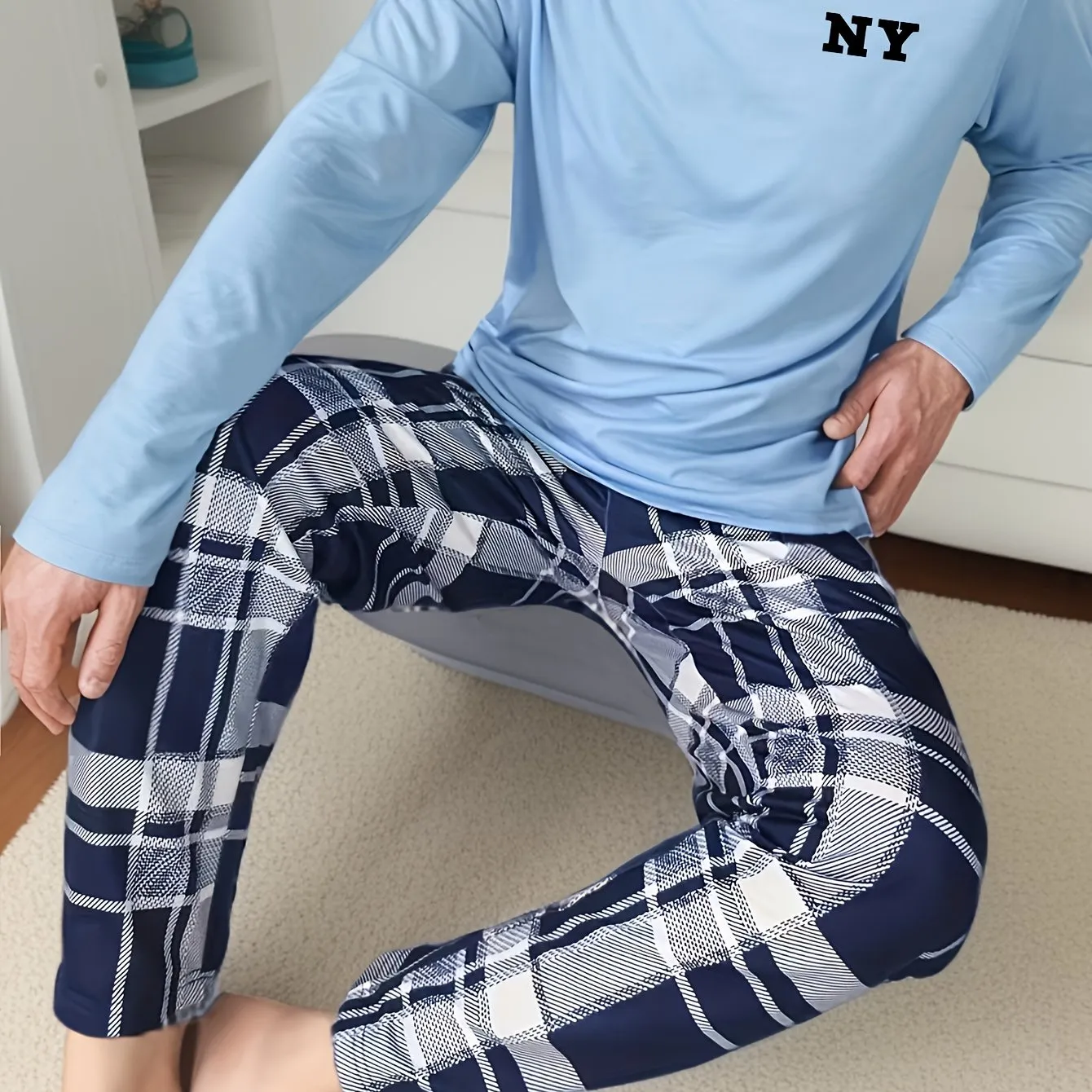 2pcs/set Men's NY Print Pajamas Set, Long Sleeve Round Neck T-shirt & Trousers, Comfortable Skin-friendly Set