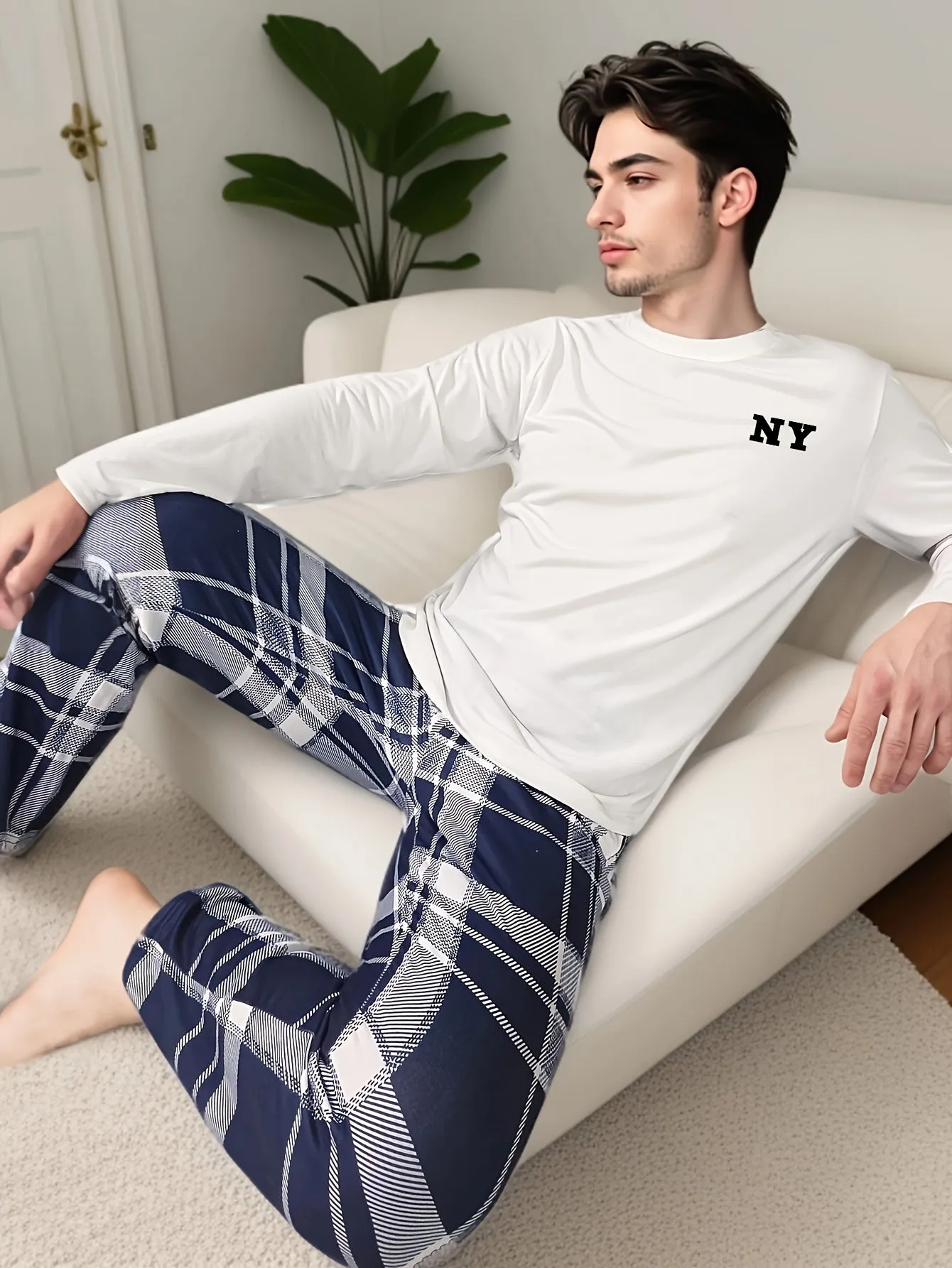 2pcs/set Men's NY Print Pajamas Set, Long Sleeve Round Neck T-shirt & Trousers, Comfortable Skin-friendly Set