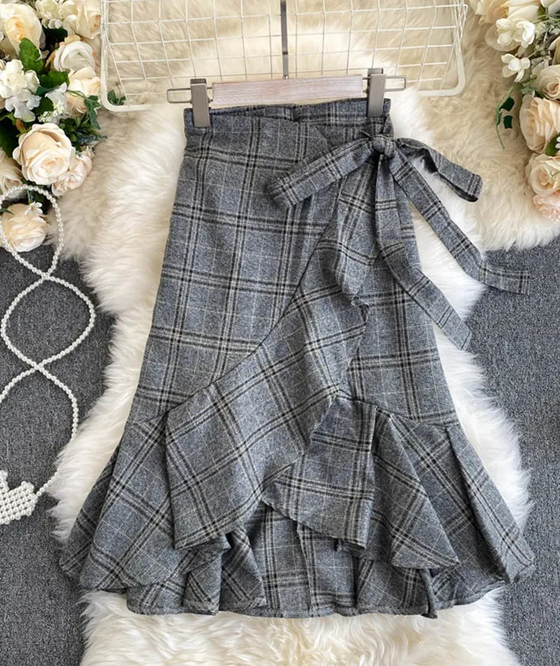 A line irregular plaid skirt  3474