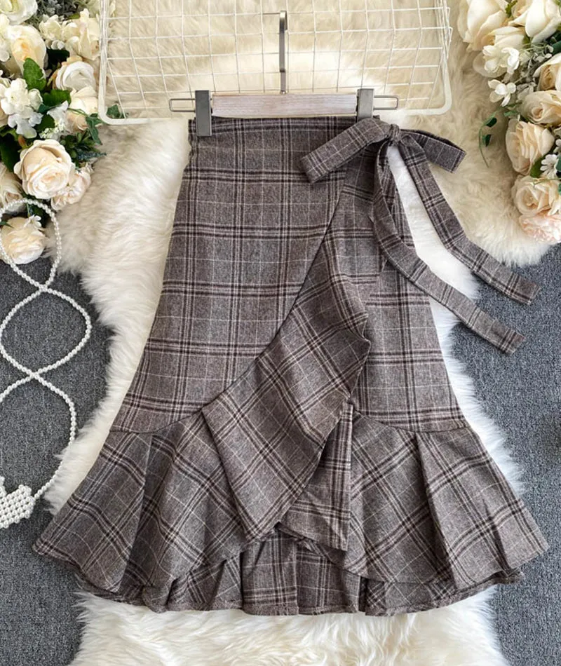 A line irregular plaid skirt  3474