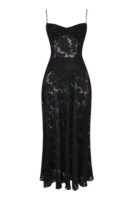 A&A Lace Floral Spaghetti Strap Sheer Sleeveless Black Dress