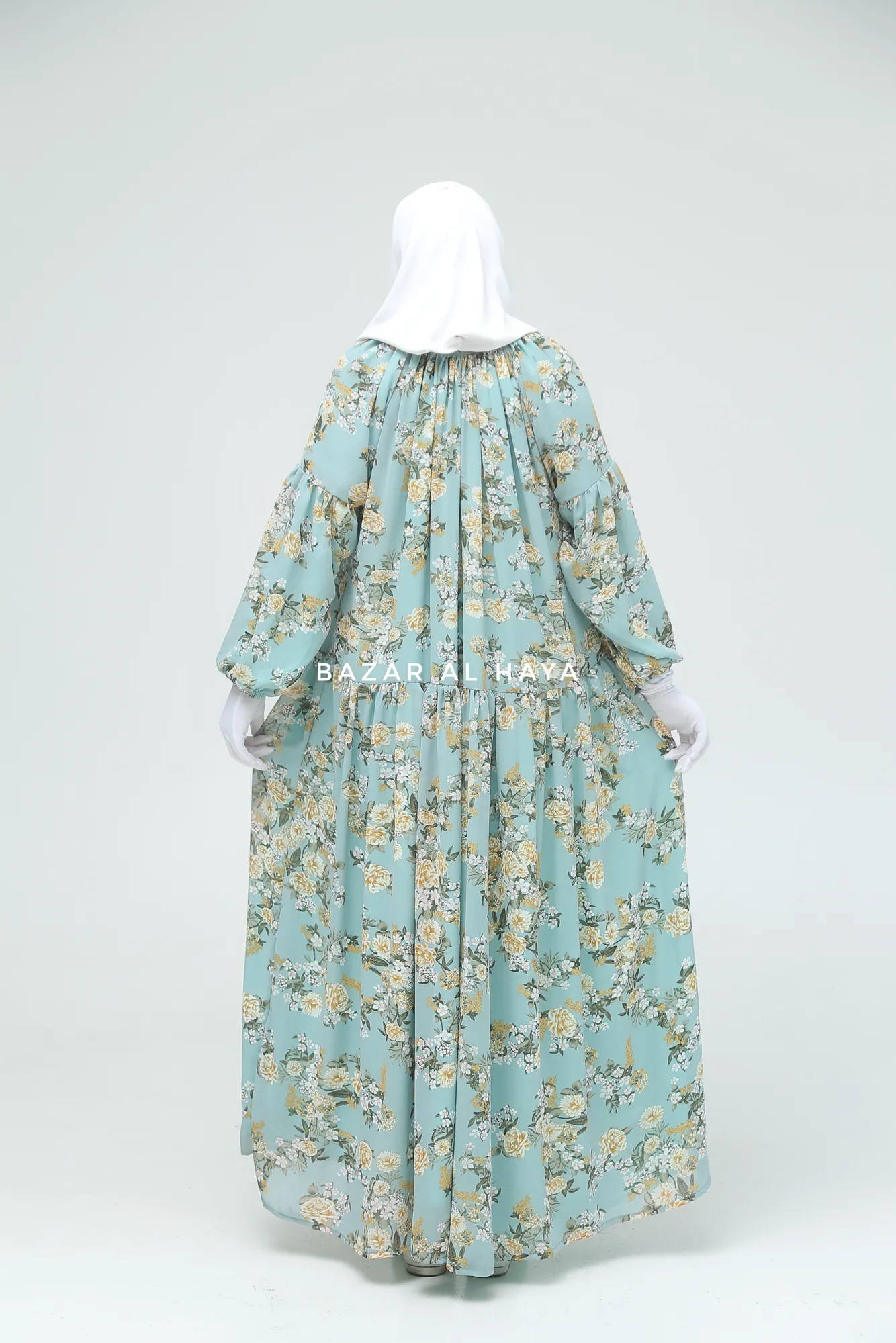 Amira Blue Flower Print Chiffon With Tie Neck Strings Abaya Dress - Puff Sleeves