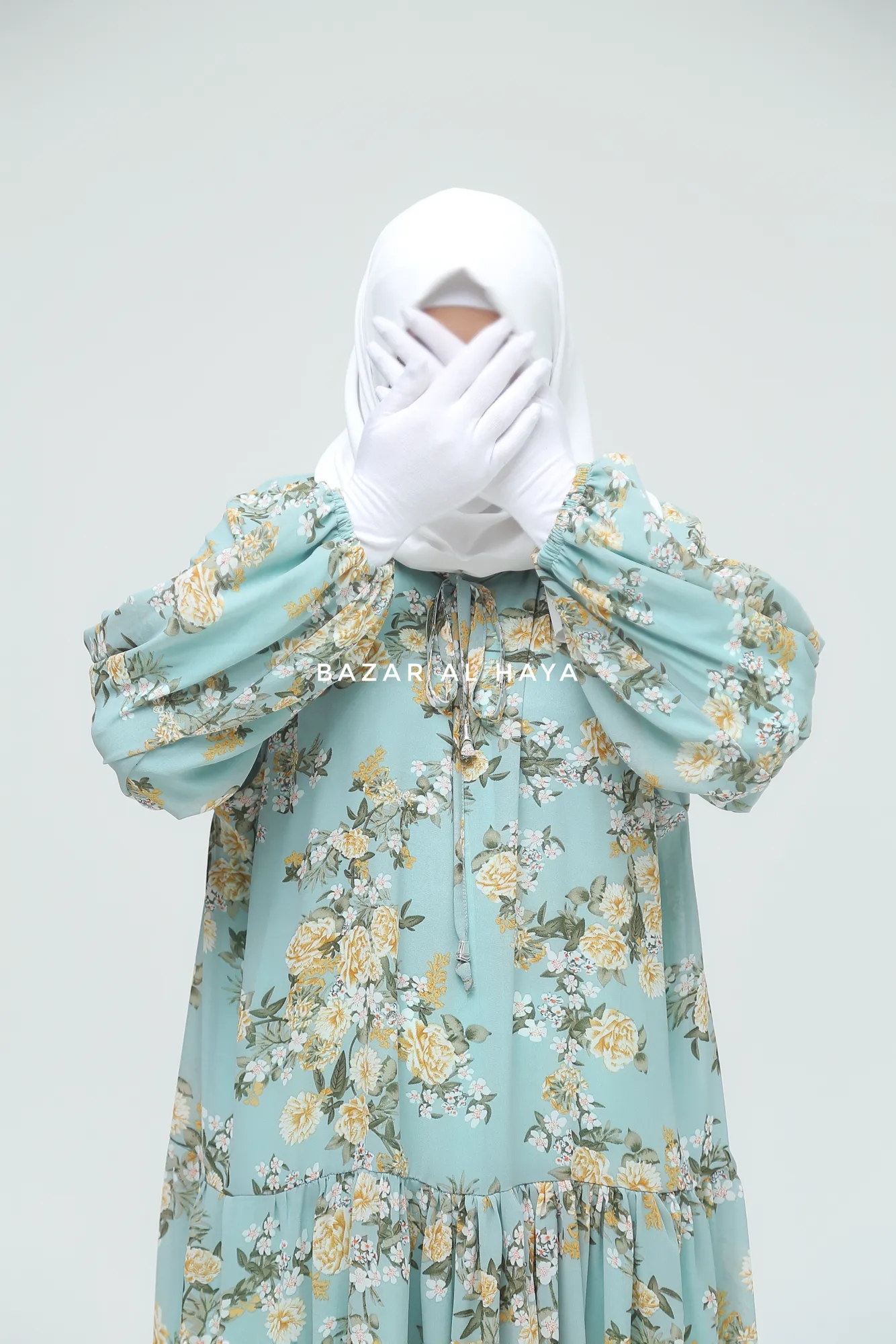 Amira Blue Flower Print Chiffon With Tie Neck Strings Abaya Dress - Puff Sleeves