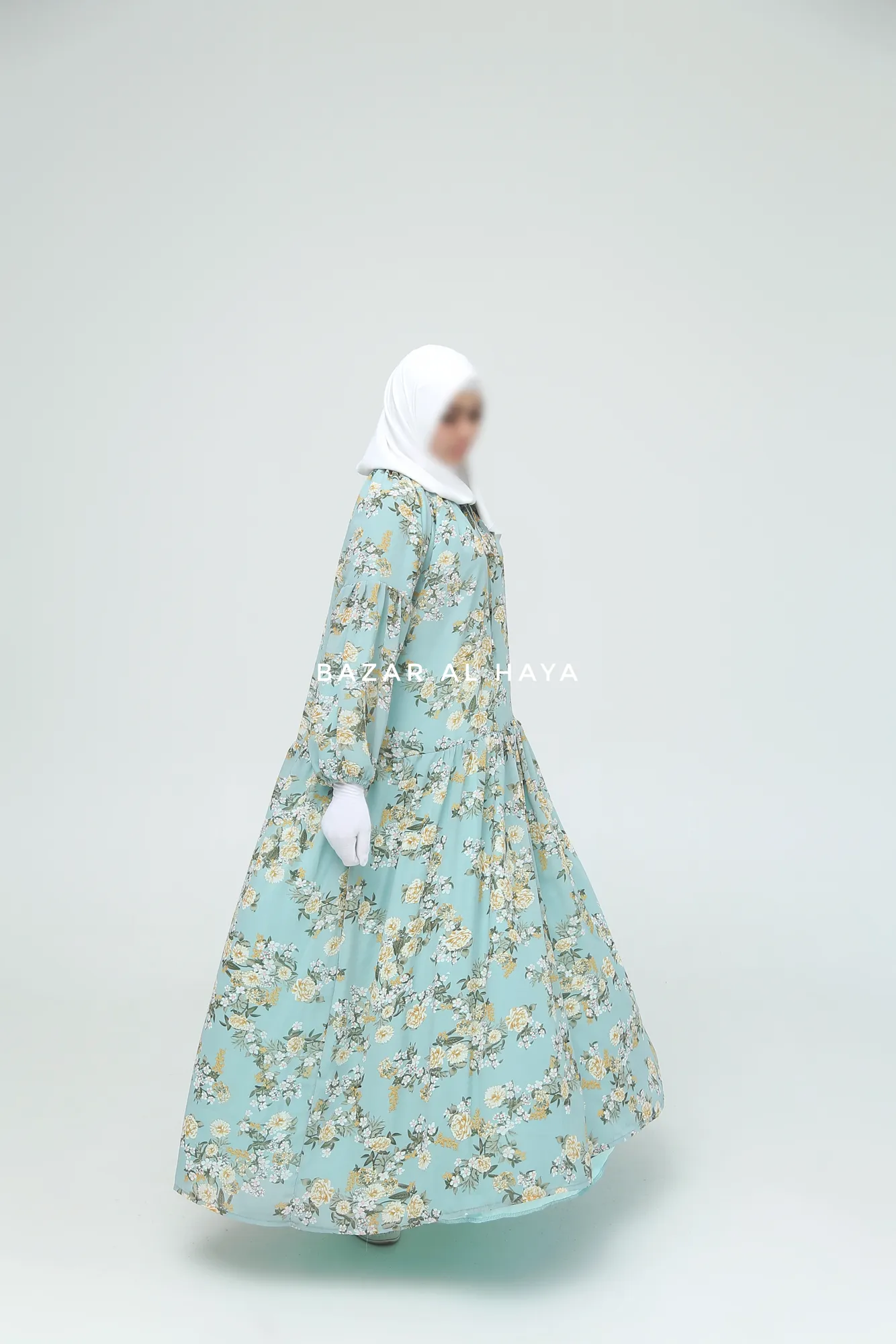 Amira Blue Flower Print Chiffon With Tie Neck Strings Abaya Dress - Puff Sleeves