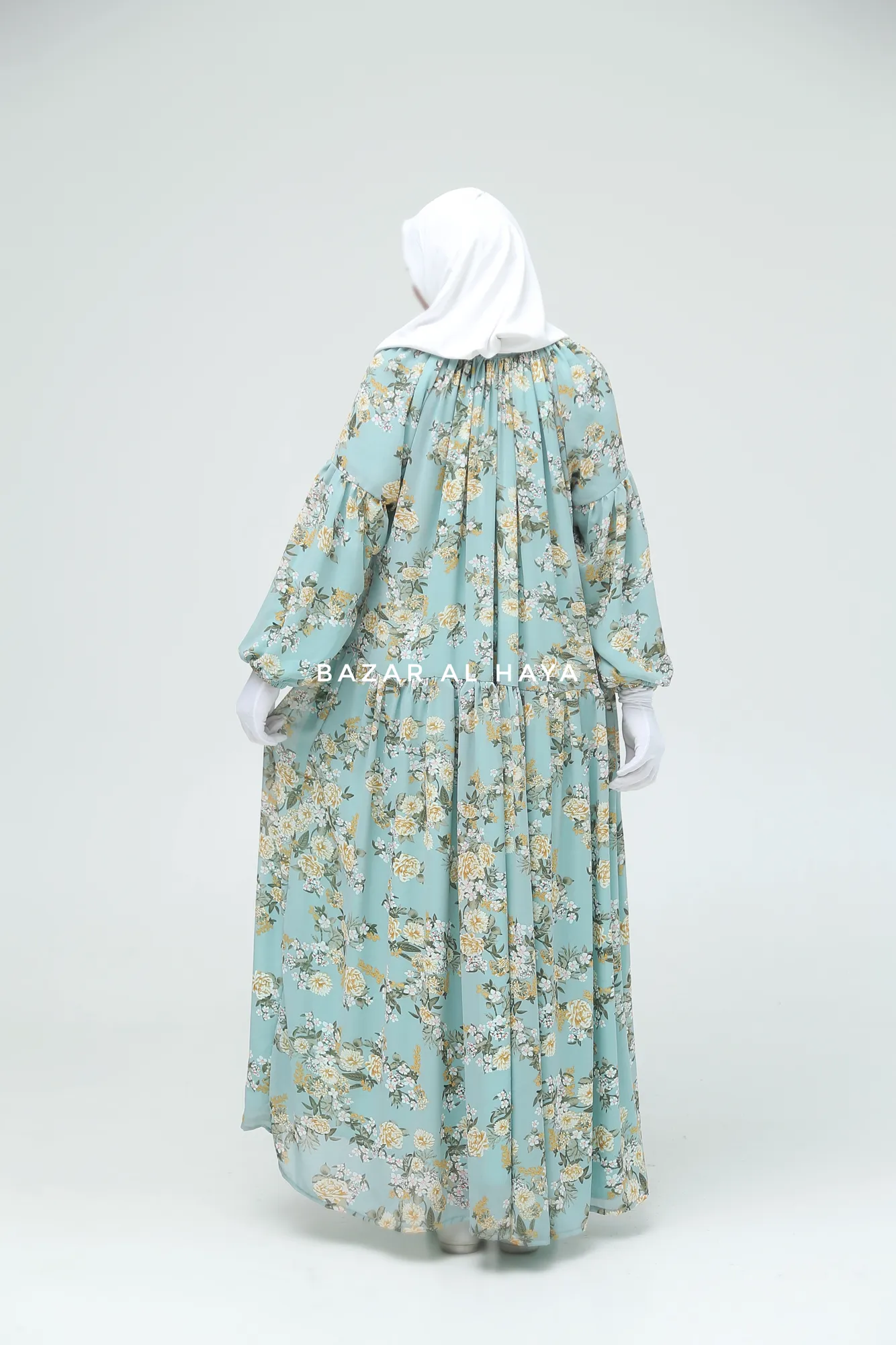 Amira Blue Flower Print Chiffon With Tie Neck Strings Abaya Dress - Puff Sleeves