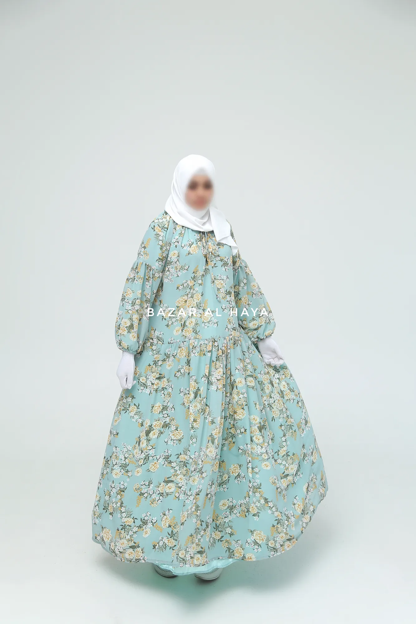 Amira Blue Flower Print Chiffon With Tie Neck Strings Abaya Dress - Puff Sleeves