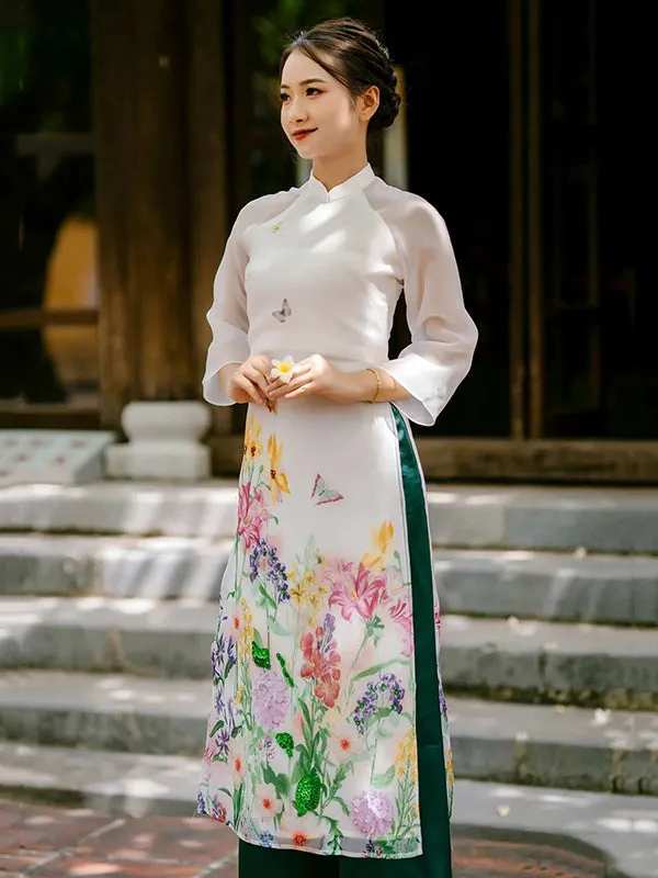 Ao Dai Dress White Floral Garden Includes One Ao Dai Top And Pants