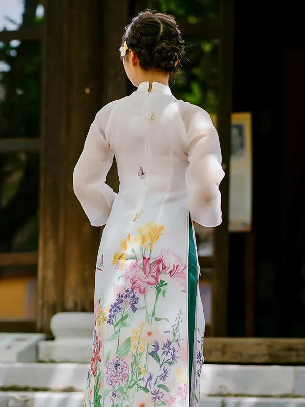 Ao Dai Dress White Floral Garden Includes One Ao Dai Top And Pants