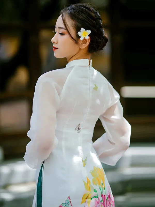 Ao Dai Dress White Floral Garden Includes One Ao Dai Top And Pants