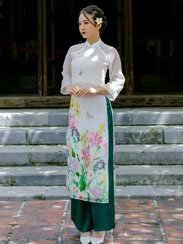 Ao Dai Dress White Floral Garden Includes One Ao Dai Top And Pants