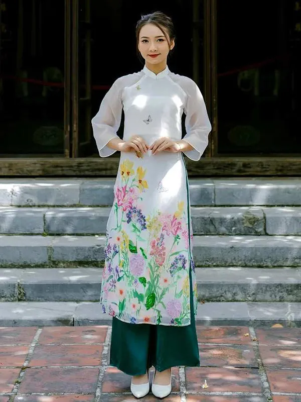 Ao Dai Dress White Floral Garden Includes One Ao Dai Top And Pants