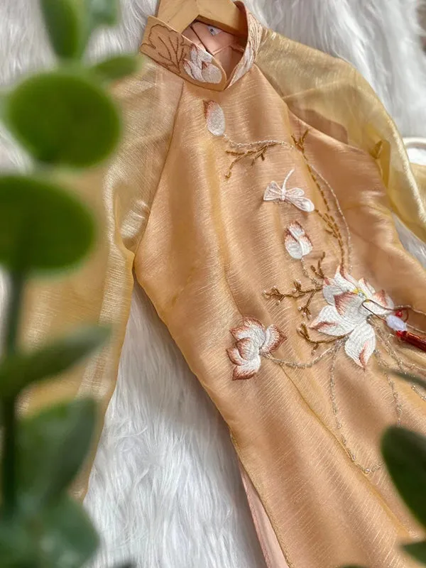 Ao Dai Vietnam Beige Ao Dai Dress Includes One Ao Dai Top And Pants