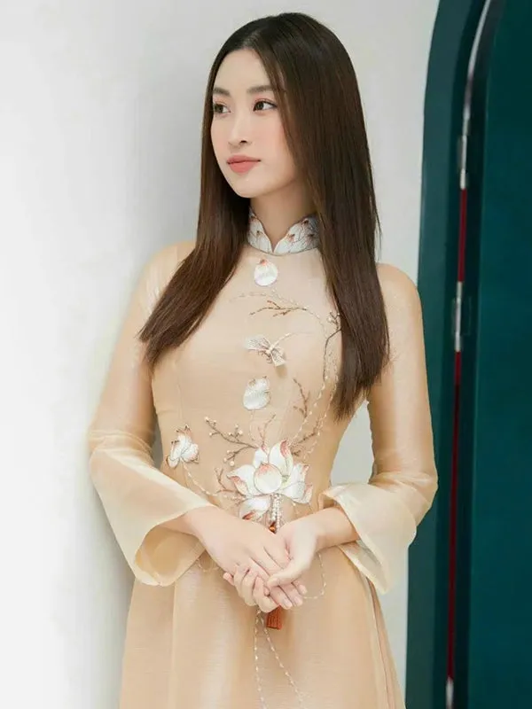 Ao Dai Vietnam Beige Ao Dai Dress Includes One Ao Dai Top And Pants