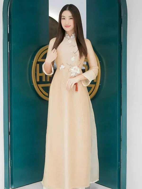 Ao Dai Vietnam Beige Ao Dai Dress Includes One Ao Dai Top And Pants