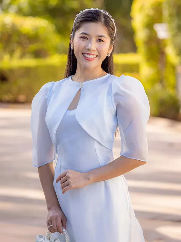 Ao Dai Vietnam Blue Short Sleeve Includes One Ao Dai Top And Pants