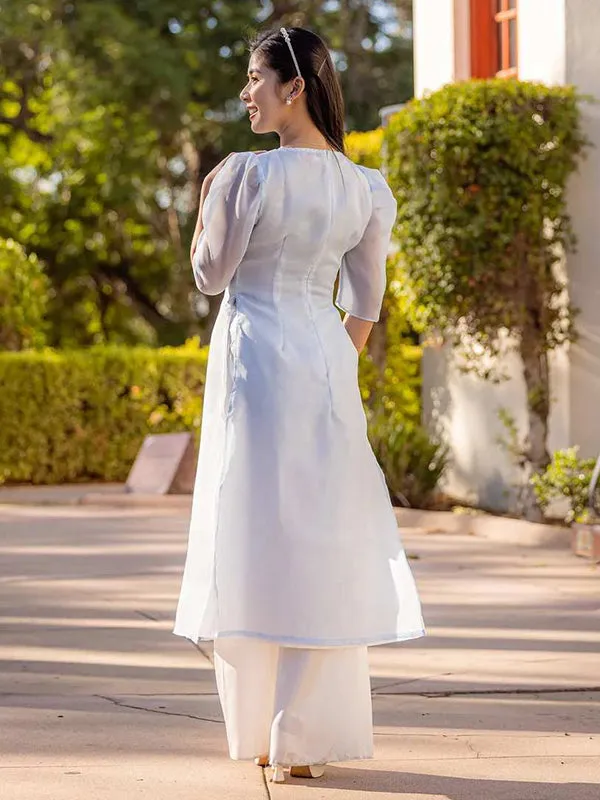 Ao Dai Vietnam Blue Short Sleeve Includes One Ao Dai Top And Pants