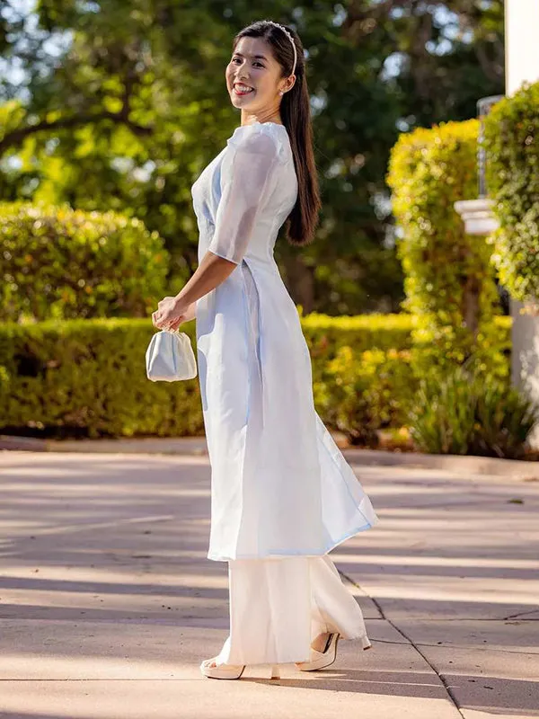 Ao Dai Vietnam Blue Short Sleeve Includes One Ao Dai Top And Pants