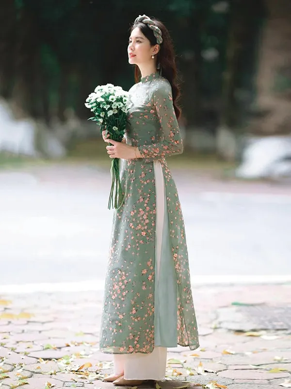 Ao Dai Vietnam Green Mini Flowers Chiffon Ao Dai Top And Pants With Headband