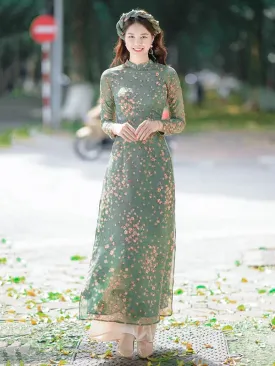 Ao Dai Vietnam Green Mini Flowers Chiffon Ao Dai Top And Pants With Headband