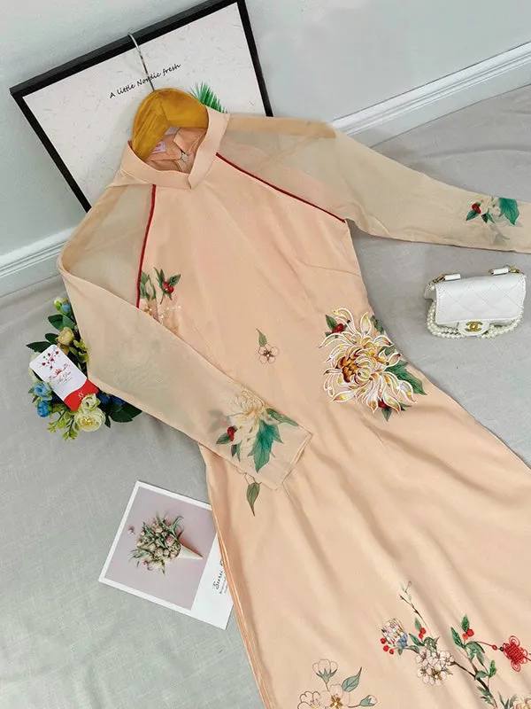 Ao Dai Vietnam Pastel Chrysanthemum Includes One Ao Dai Top And Pants