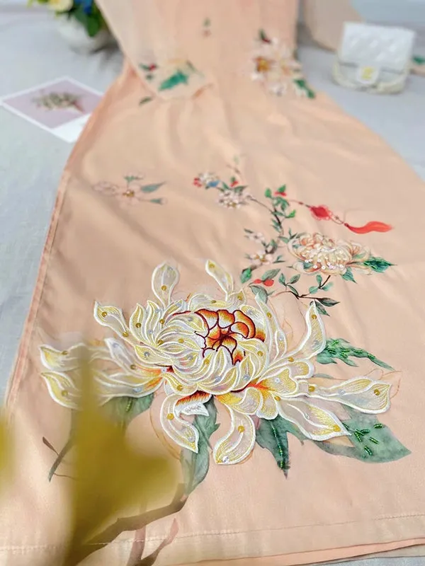 Ao Dai Vietnam Pastel Chrysanthemum Includes One Ao Dai Top And Pants