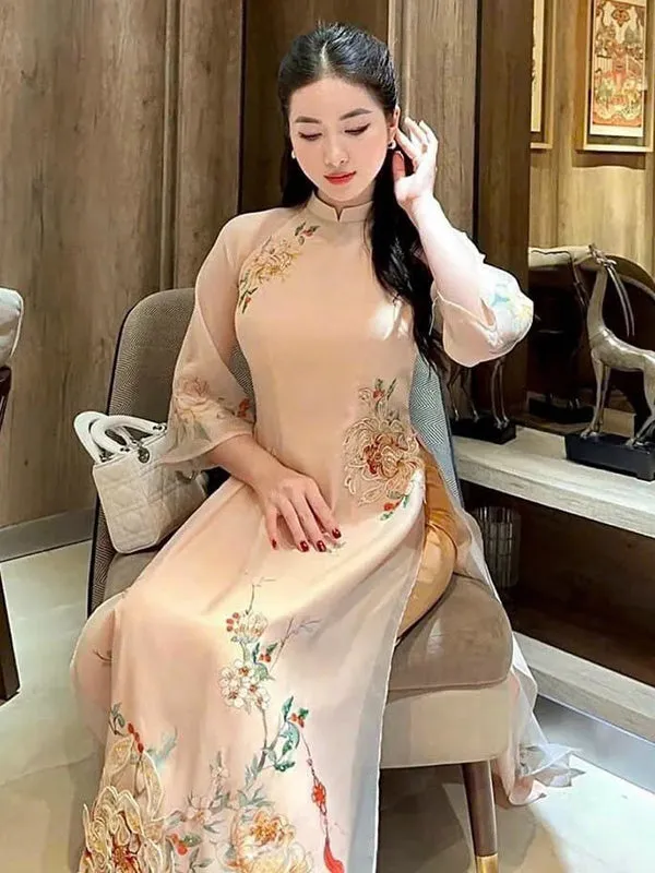 Ao Dai Vietnam Pastel Chrysanthemum Includes One Ao Dai Top And Pants