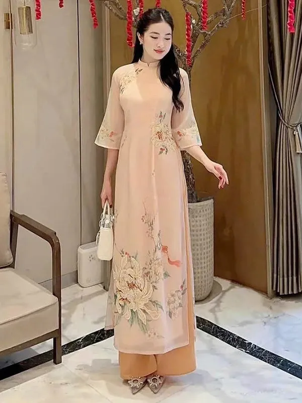 Ao Dai Vietnam Pastel Chrysanthemum Includes One Ao Dai Top And Pants