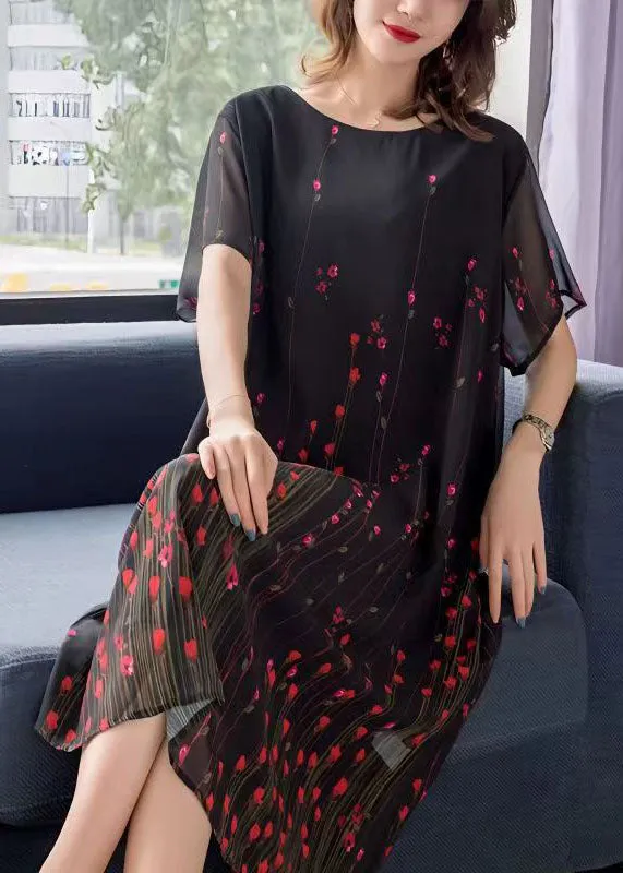 Art Black O Neck Print Patchwork Chiffon Mid Dress Summer LY7751