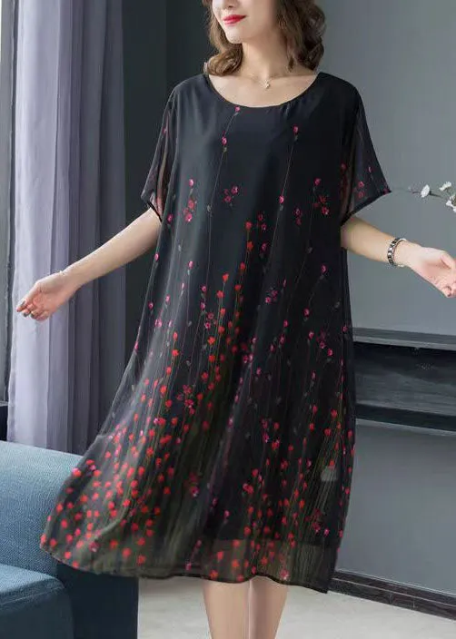 Art Black O Neck Print Patchwork Chiffon Mid Dress Summer LY7751