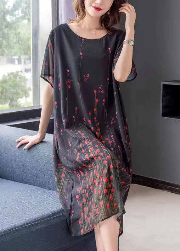 Art Black O Neck Print Patchwork Chiffon Mid Dress Summer LY7751