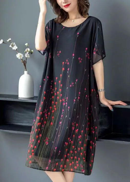 Art Black O Neck Print Patchwork Chiffon Mid Dress Summer LY7751