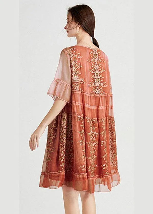 Art Green Embroideried O-Neck Loose Summer Flare Sleeve Dress