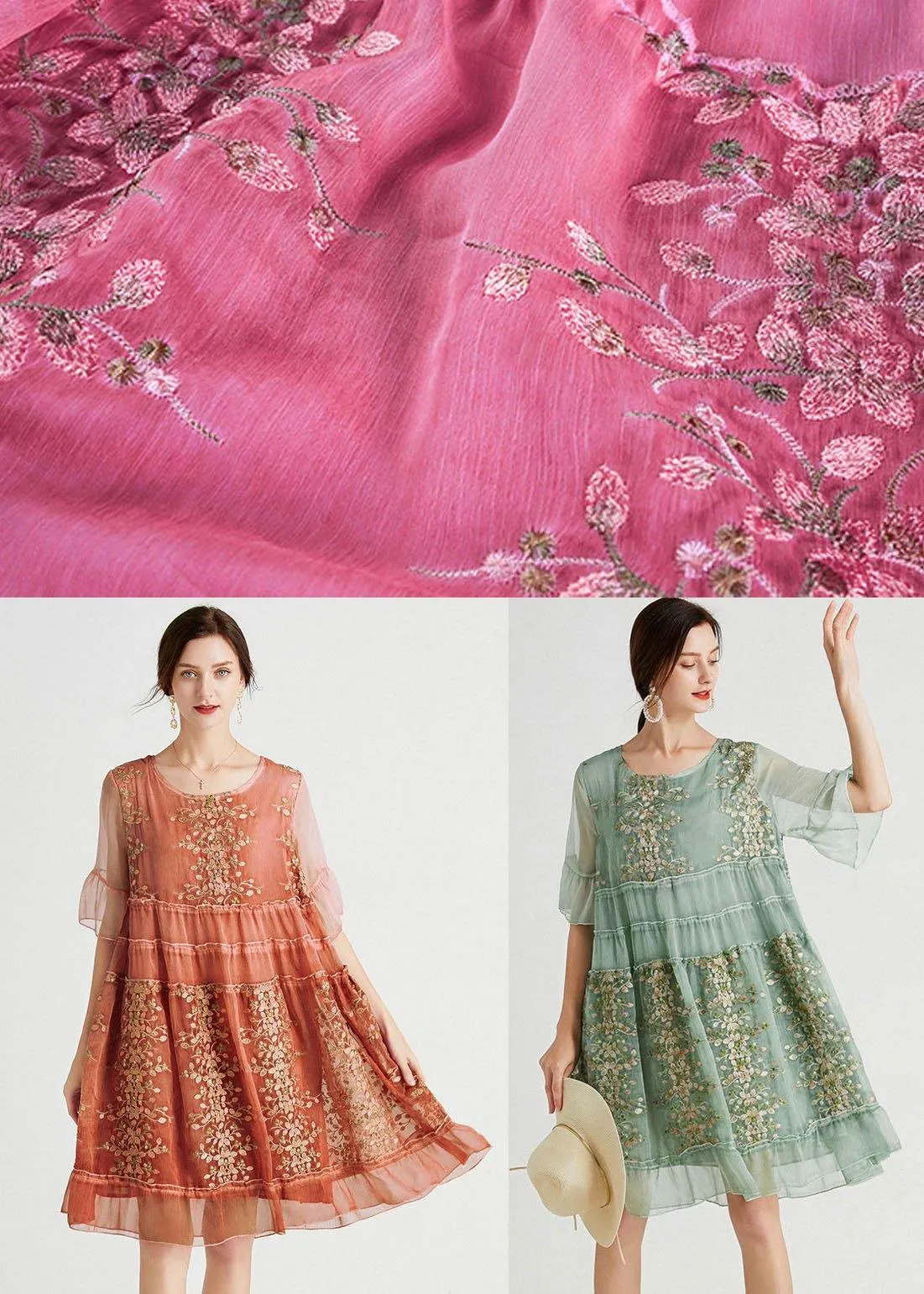 Art Green Embroideried O-Neck Loose Summer Flare Sleeve Dress