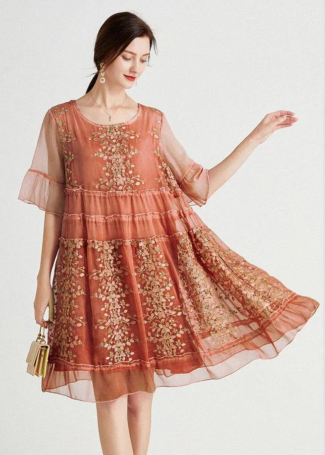 Art Green Embroideried O-Neck Loose Summer Flare Sleeve Dress