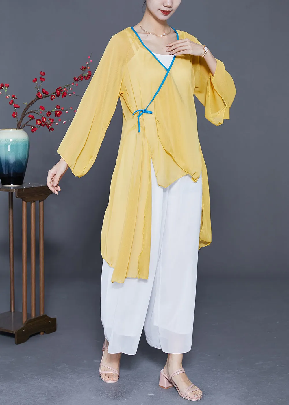 Art Yellow Lace Up Low High Design Chiffon Tops Summer LY4166