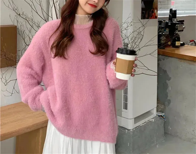 Autumn Winter Mink-like Wool Thick Plush Pullover Sweater for Women