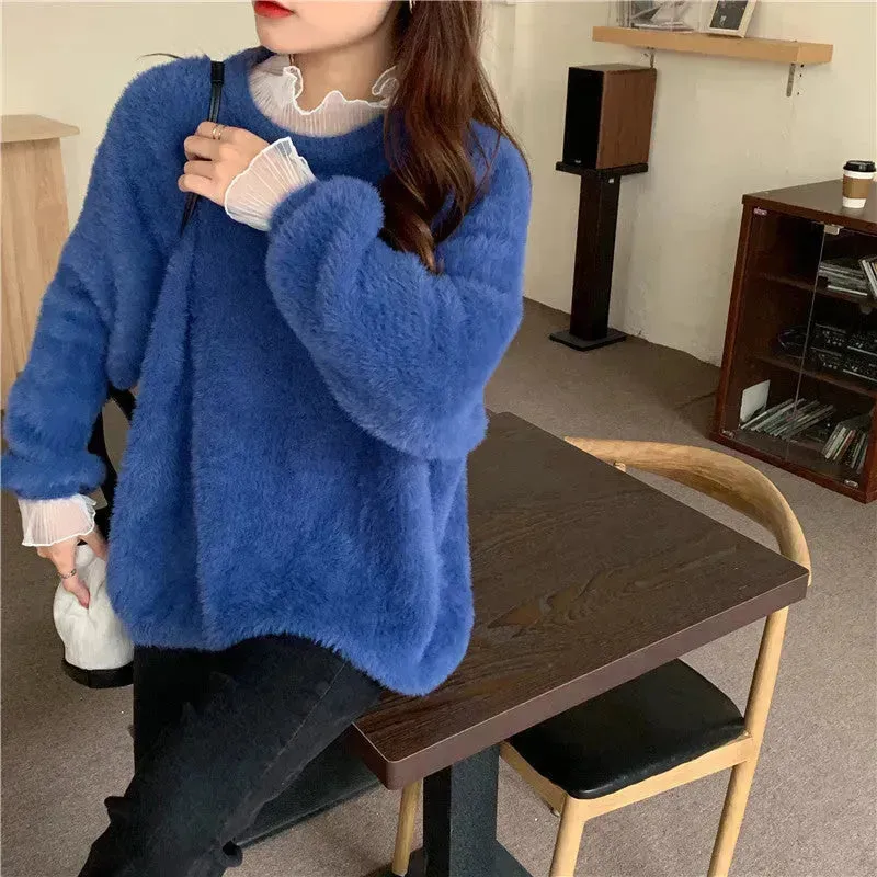 Autumn Winter Mink-like Wool Thick Plush Pullover Sweater for Women