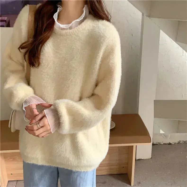 Autumn Winter Mink-like Wool Thick Plush Pullover Sweater for Women