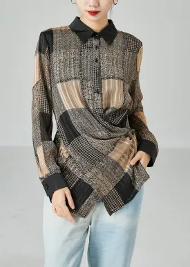 Beautiful Khaki Asymmetrical Design Plaid Chiffon Shirts Spring LY2479