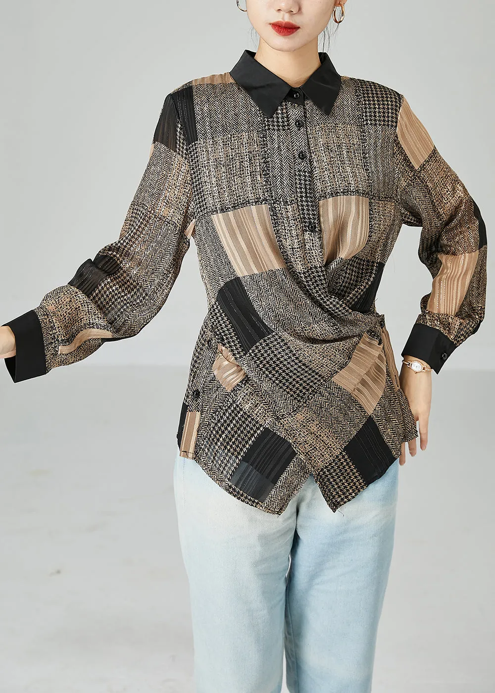 Beautiful Khaki Asymmetrical Design Plaid Chiffon Shirts Spring LY2479