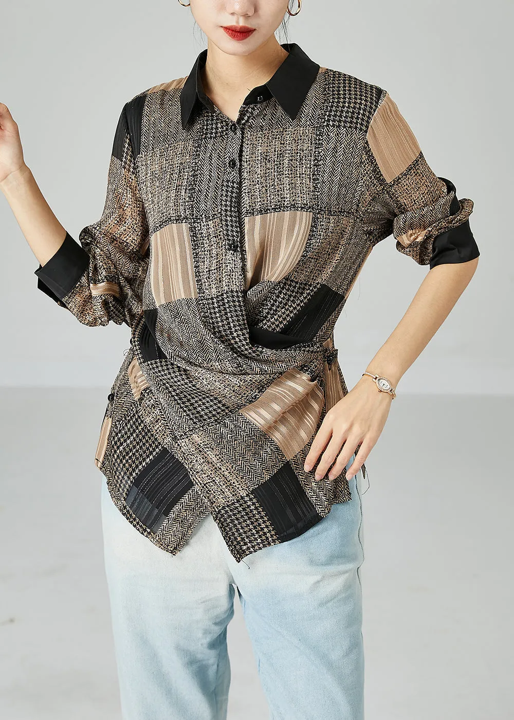 Beautiful Khaki Asymmetrical Design Plaid Chiffon Shirts Spring LY2479