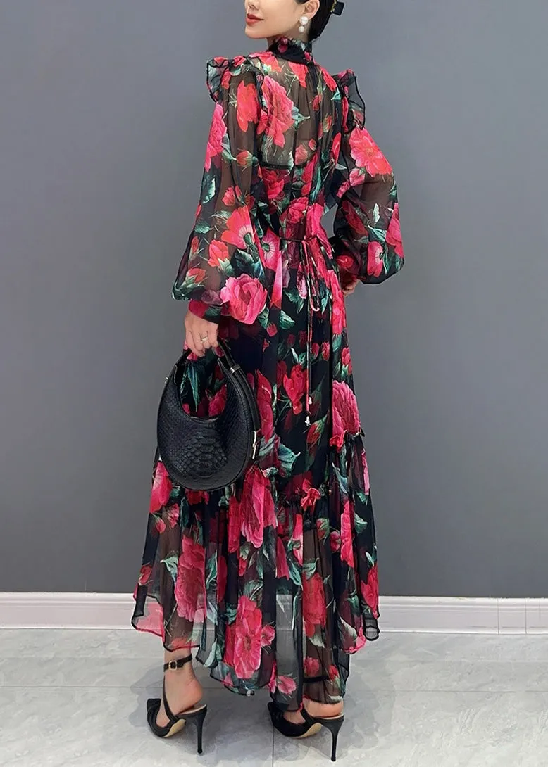 Beautiful Red Tie Lace Print Chiffon Maxi Dresses Fall AO1044