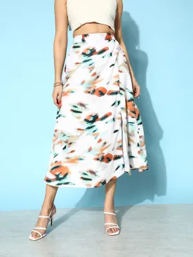 Berrylush Women White, Green, & Orange Abstract Printed High-Rise Waist Thigh-High Slit Straight Hem A-Line Midi Skirt