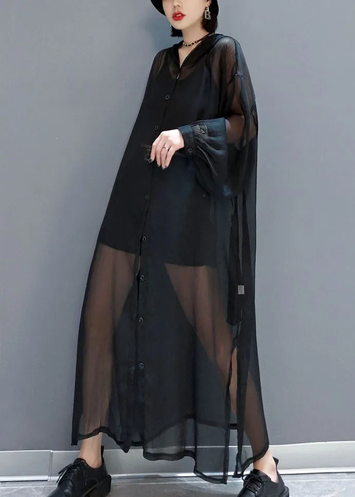 Black Loose Chiffon UPF 50  Cardigans Oversized Side Open Summer