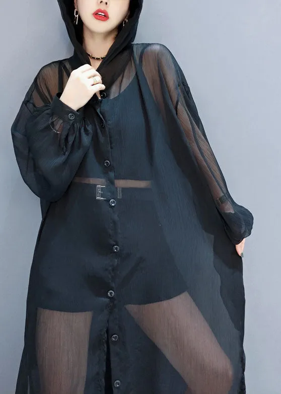 Black Loose Chiffon UPF 50  Cardigans Oversized Side Open Summer