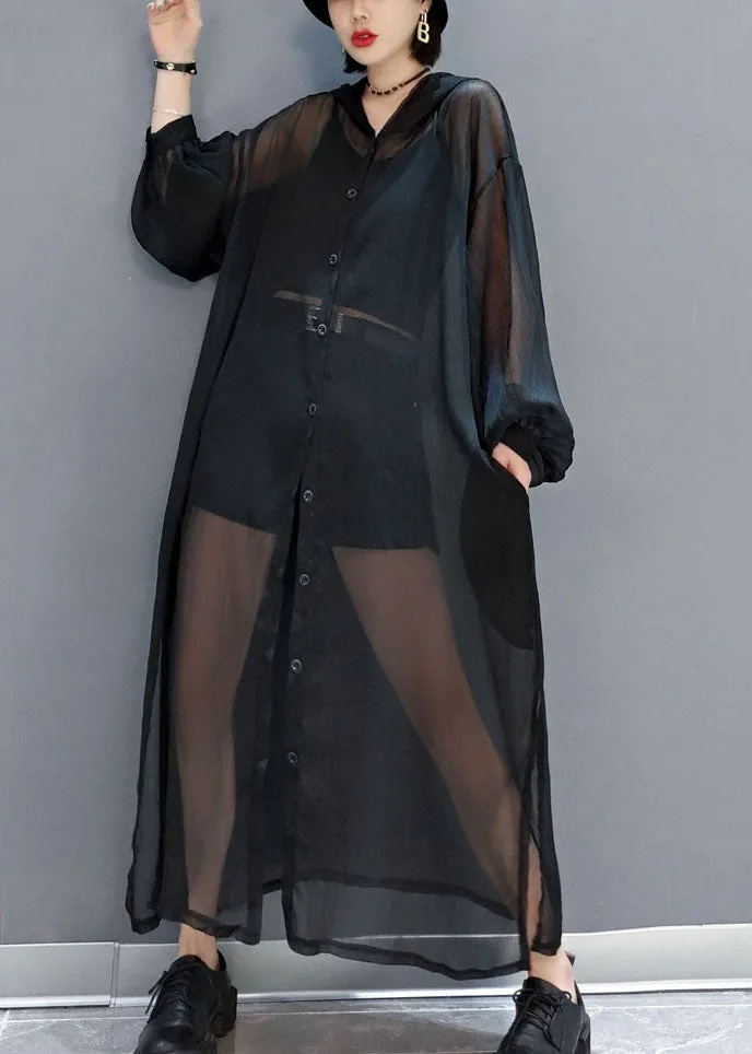 Black Loose Chiffon UPF 50  Cardigans Oversized Side Open Summer