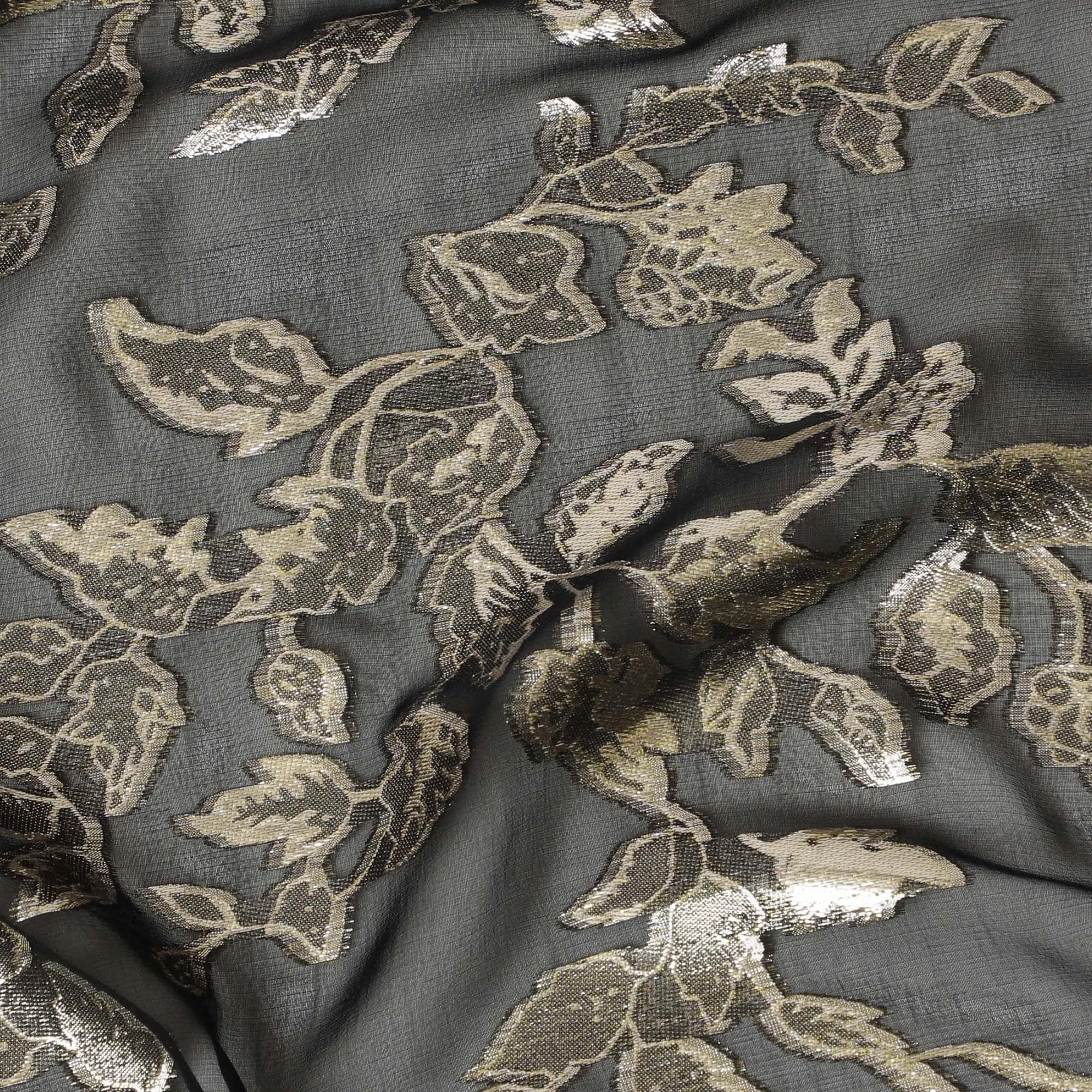 Black premium pure silk chiffon fabric with gold metallic lurex in Leaf design-D16255