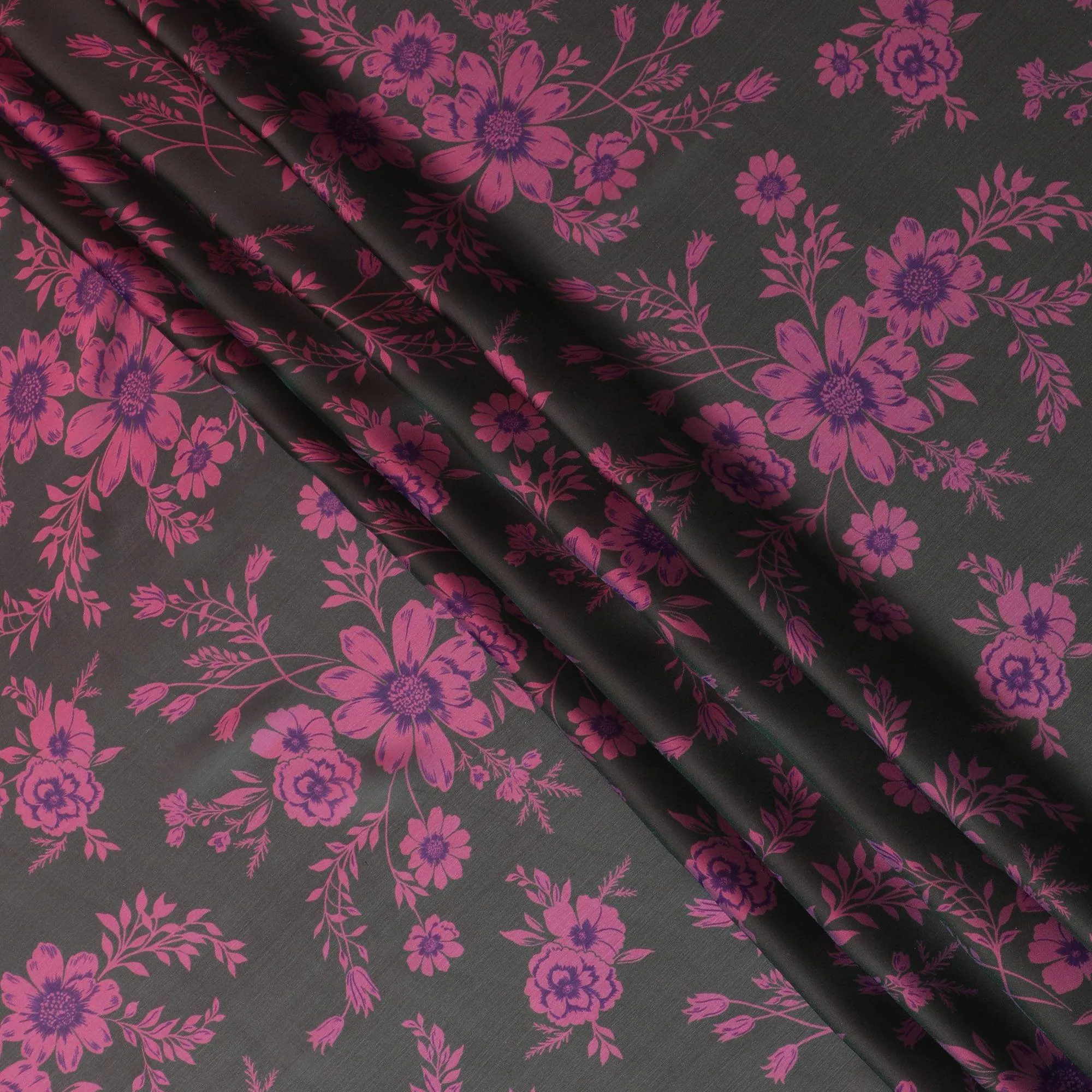 Black Premium pure silk chiffon fabric with hot pink and purple print in floral design-D14659